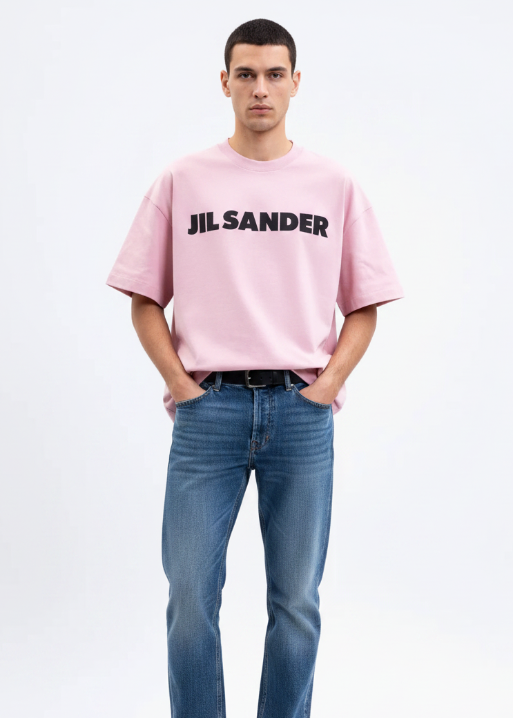Man in Pink Jil Sander Tee with Jeans